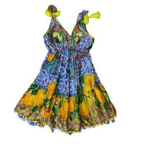 ANTICA SANTORIA Floral Yellow‎ and Blue Sundress One Size Summer Dress